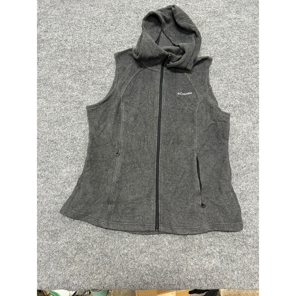 Columbia Fleece Vest Womens Size XL Gray Full Zip Hooded Sleeveless Jacket